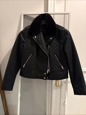 Andrew Marc Quilted Faux Leather Moto Jacket with Fur Collar - Black NWOT
